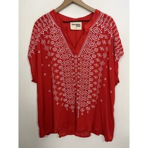 Boho Embroidered Artsy Peasant Tunic Top 2X Prairie Folk Cottagecore Tribal Red